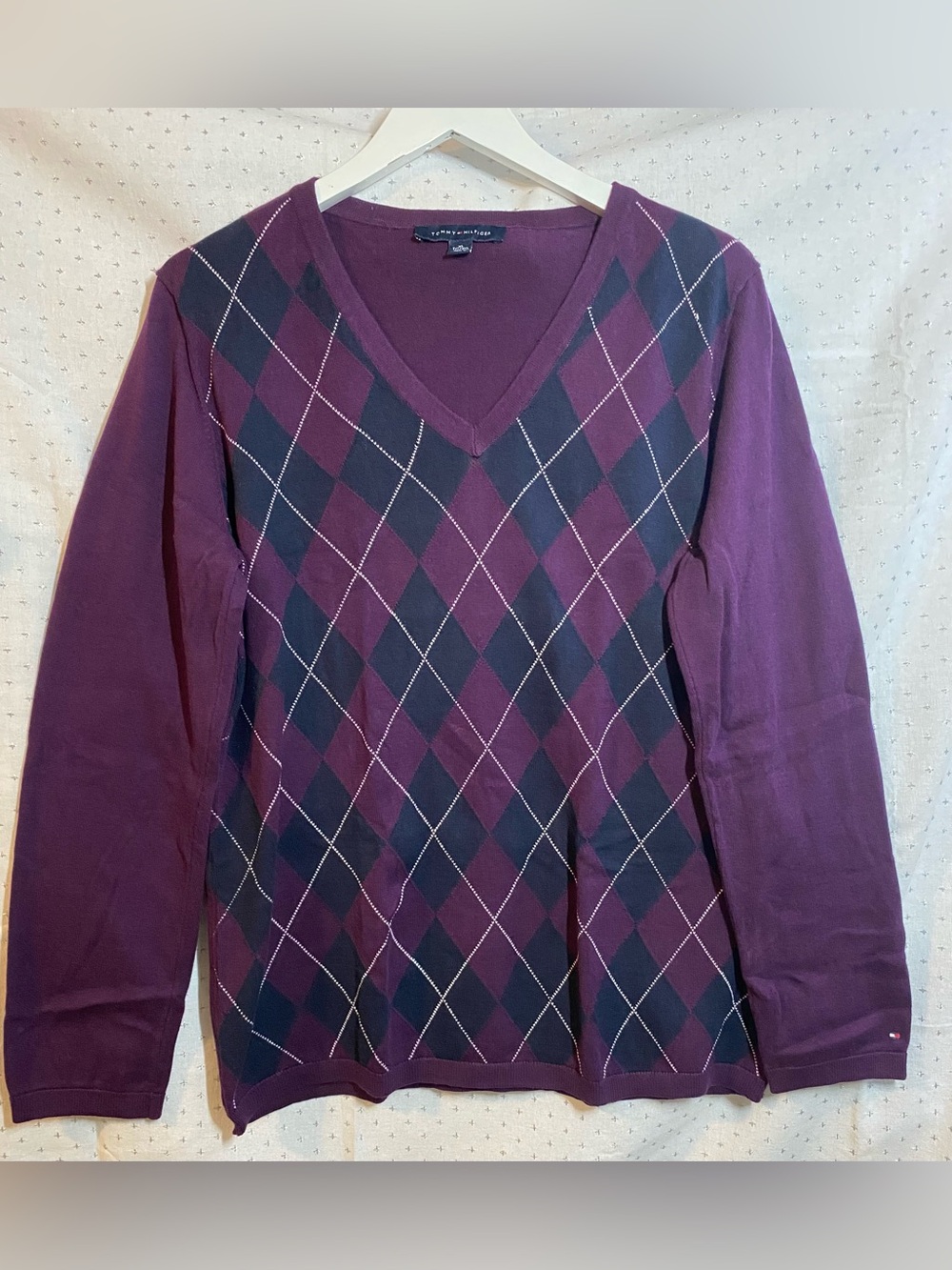 Tommy Hilfiger Woman’s Plum and Navy Argyle V-Neck Sweater